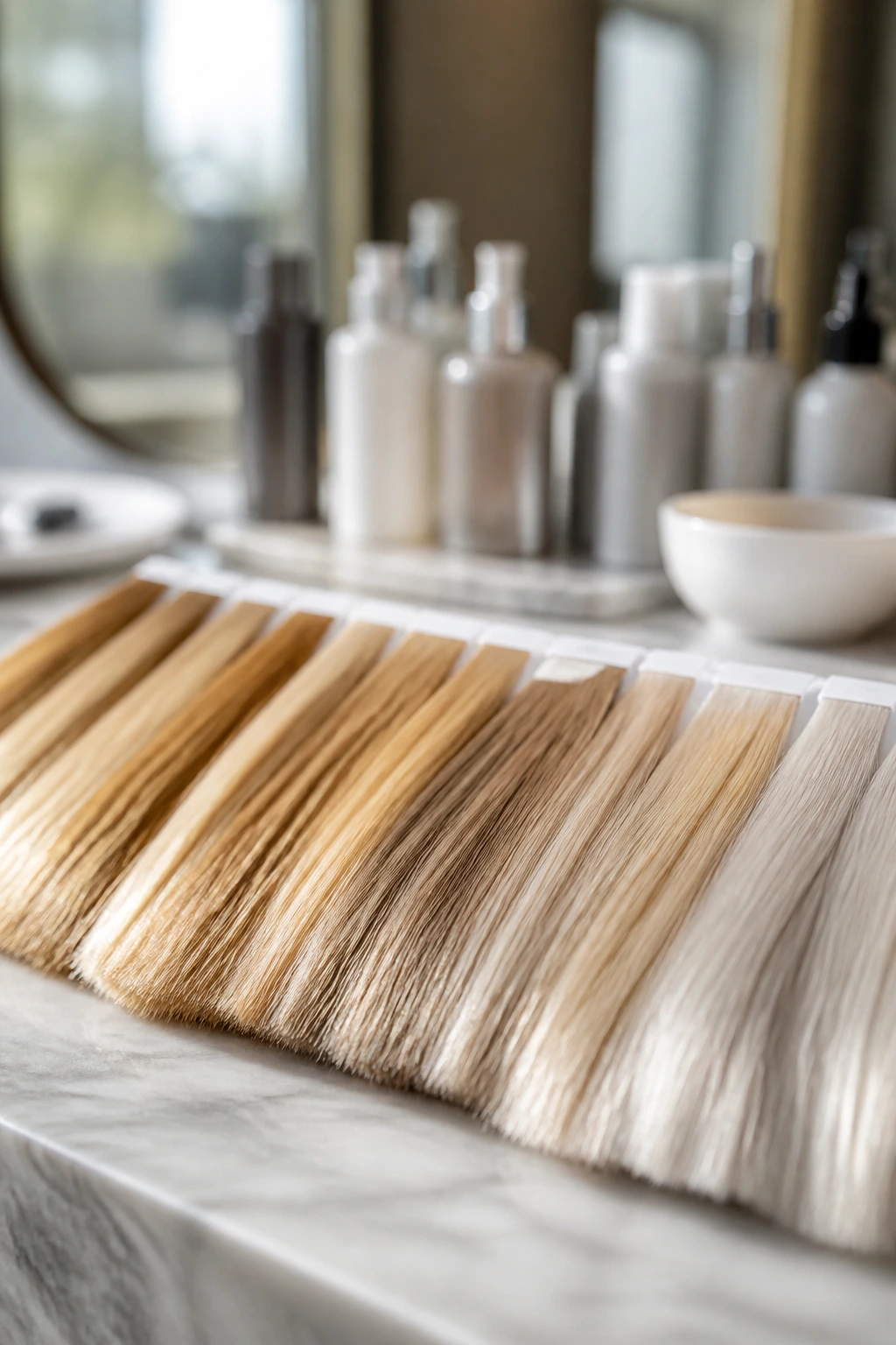 Close-up of blonde shade swatches with blurred haircare bottles in the background