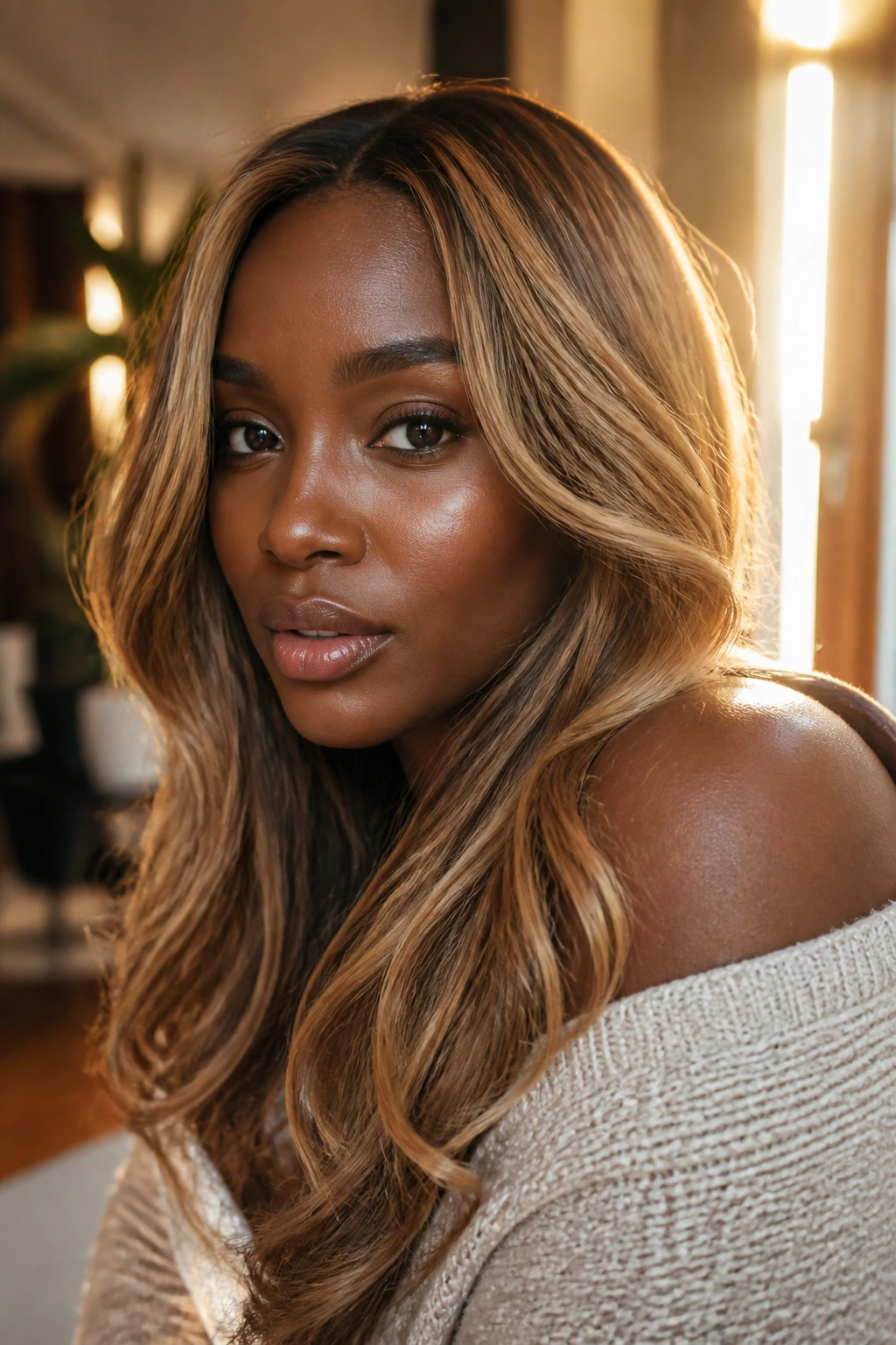 Portrait of a person with rich blonde shades framing the face