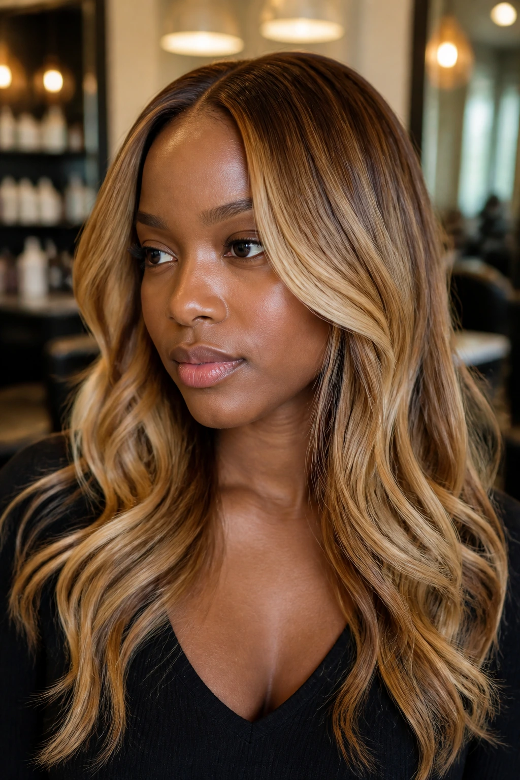 Close-up portrait of a woman with rooted blonde shade and glossy hair in a salon setting