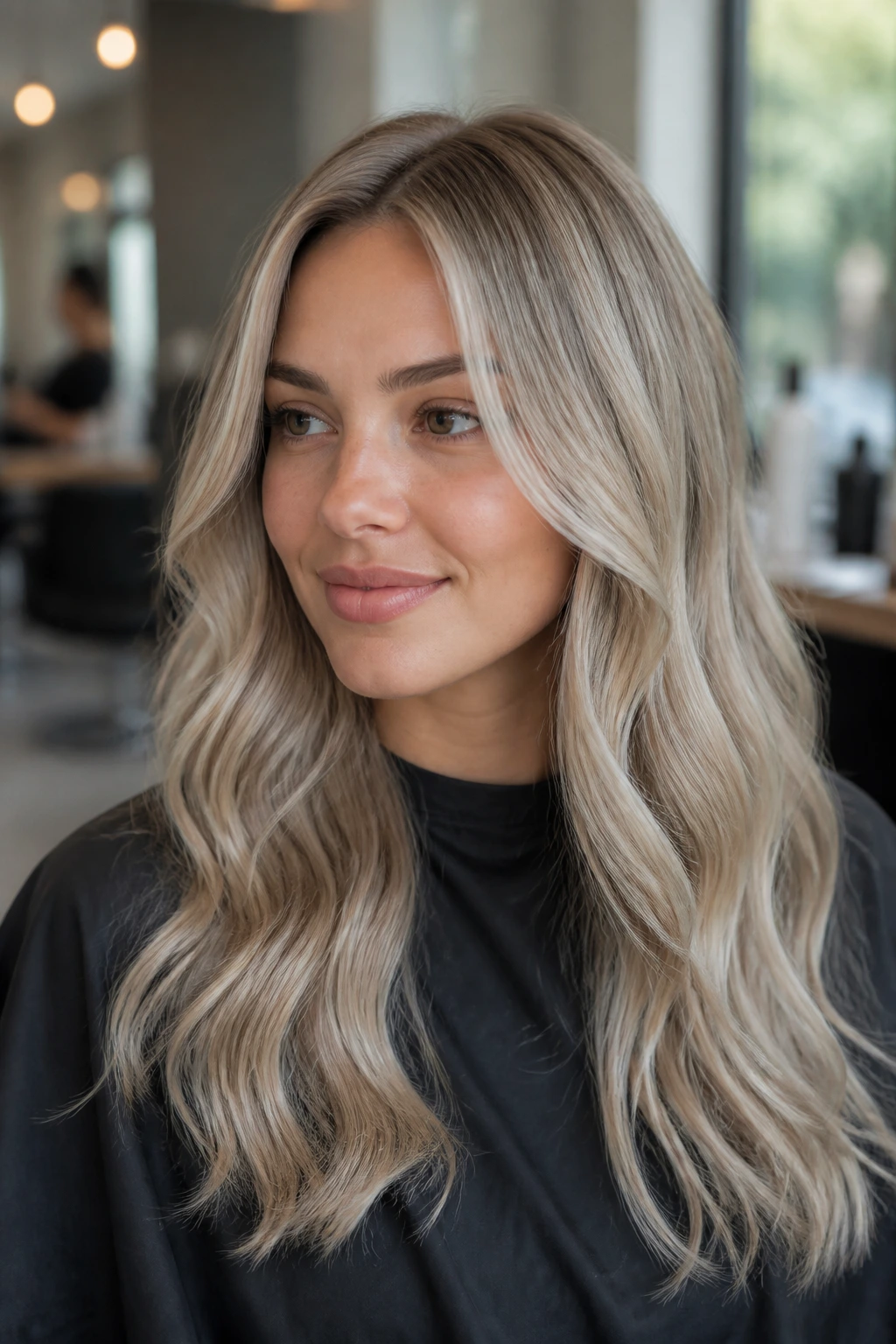 Close-up of a client in salon chair with cool blonde shade