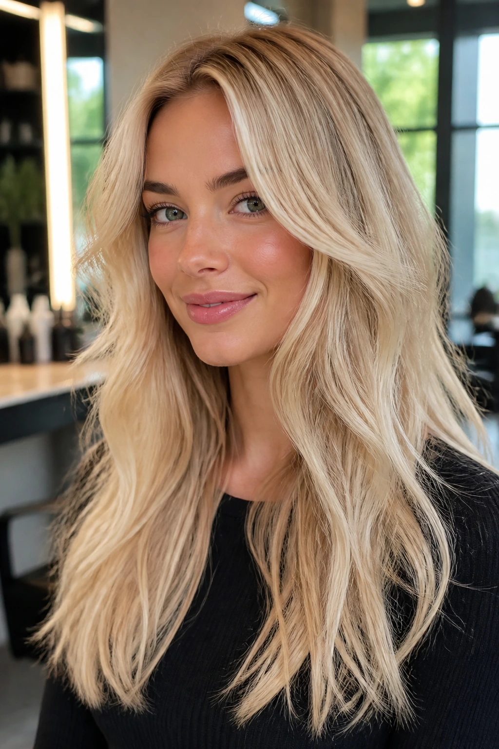 Close-up of blonde hair with varied shades and glossy finish