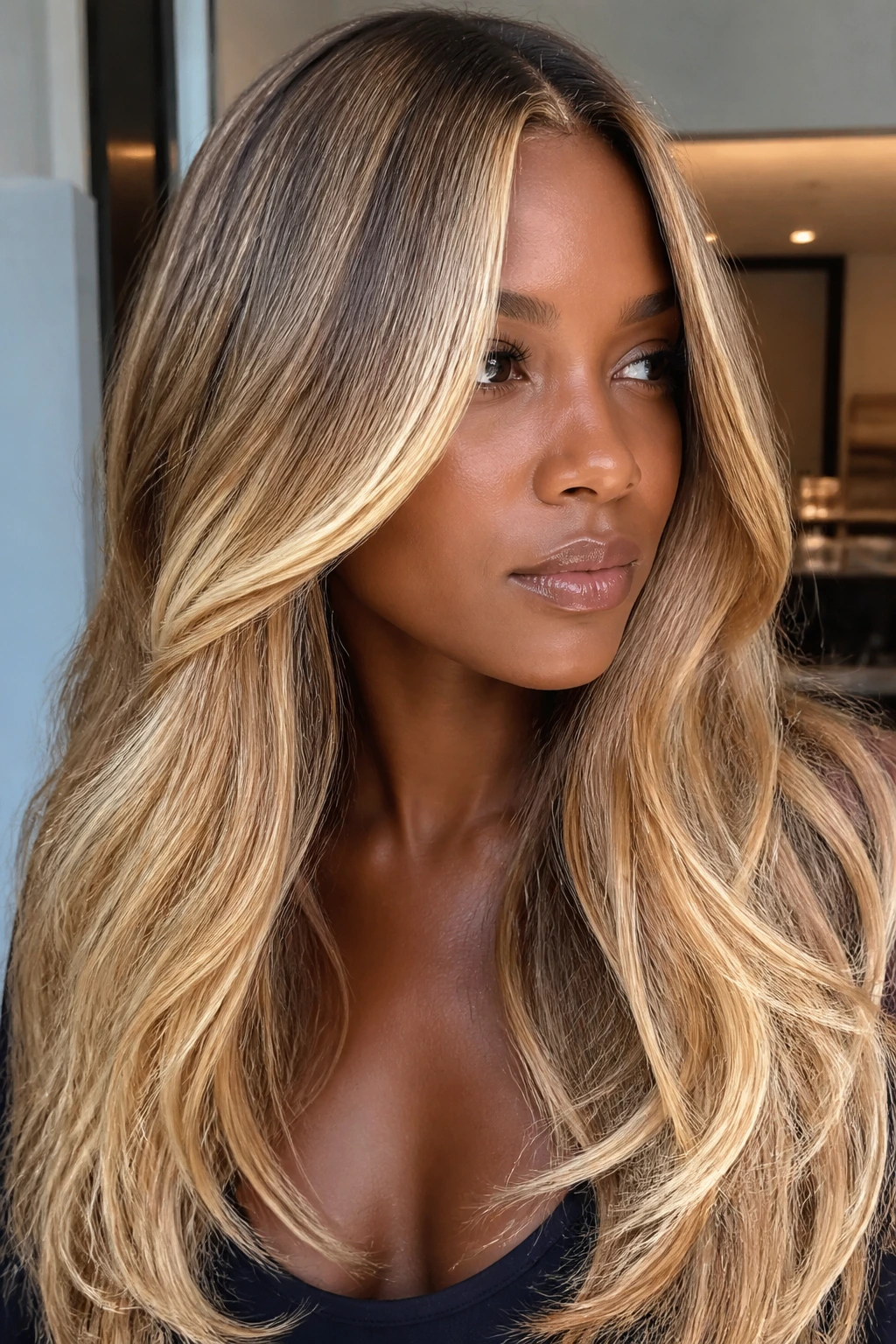 Close-up of hair with gloss and face-frame brightness on a real person