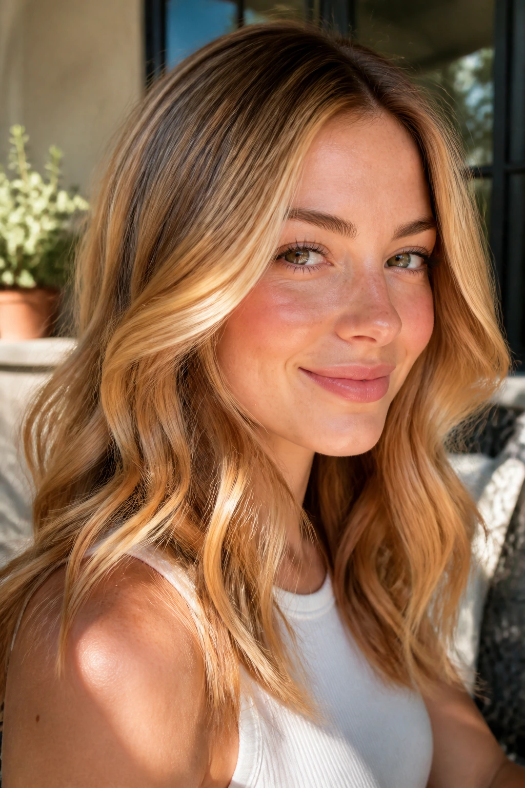 Portrait with warm blonde hair showing multiple shade variations