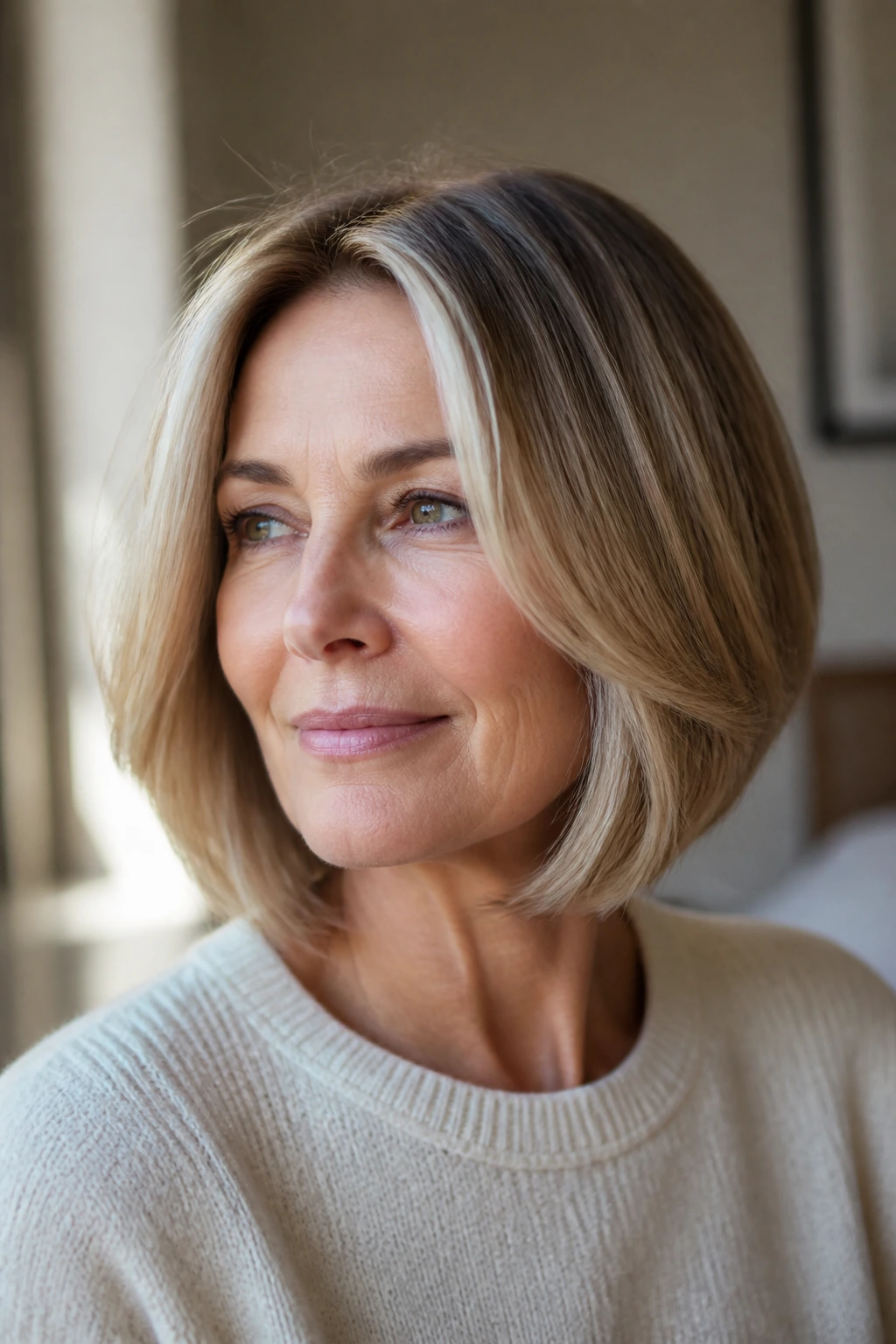 Portrait of a woman with a bob and face-framing blonde highlights.