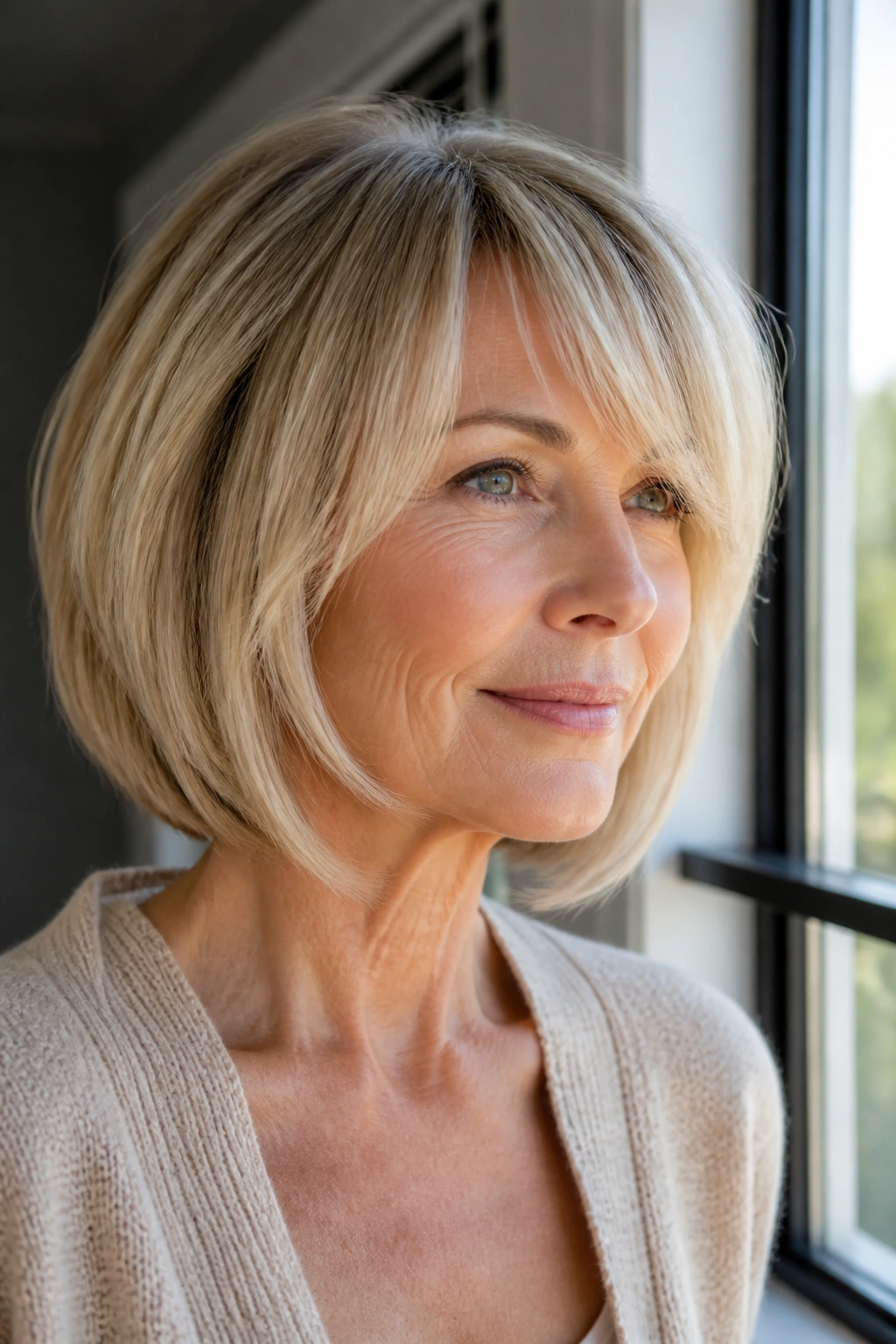 Close-up of blonde bob with soft fringe and face-framing pieces on a real woman