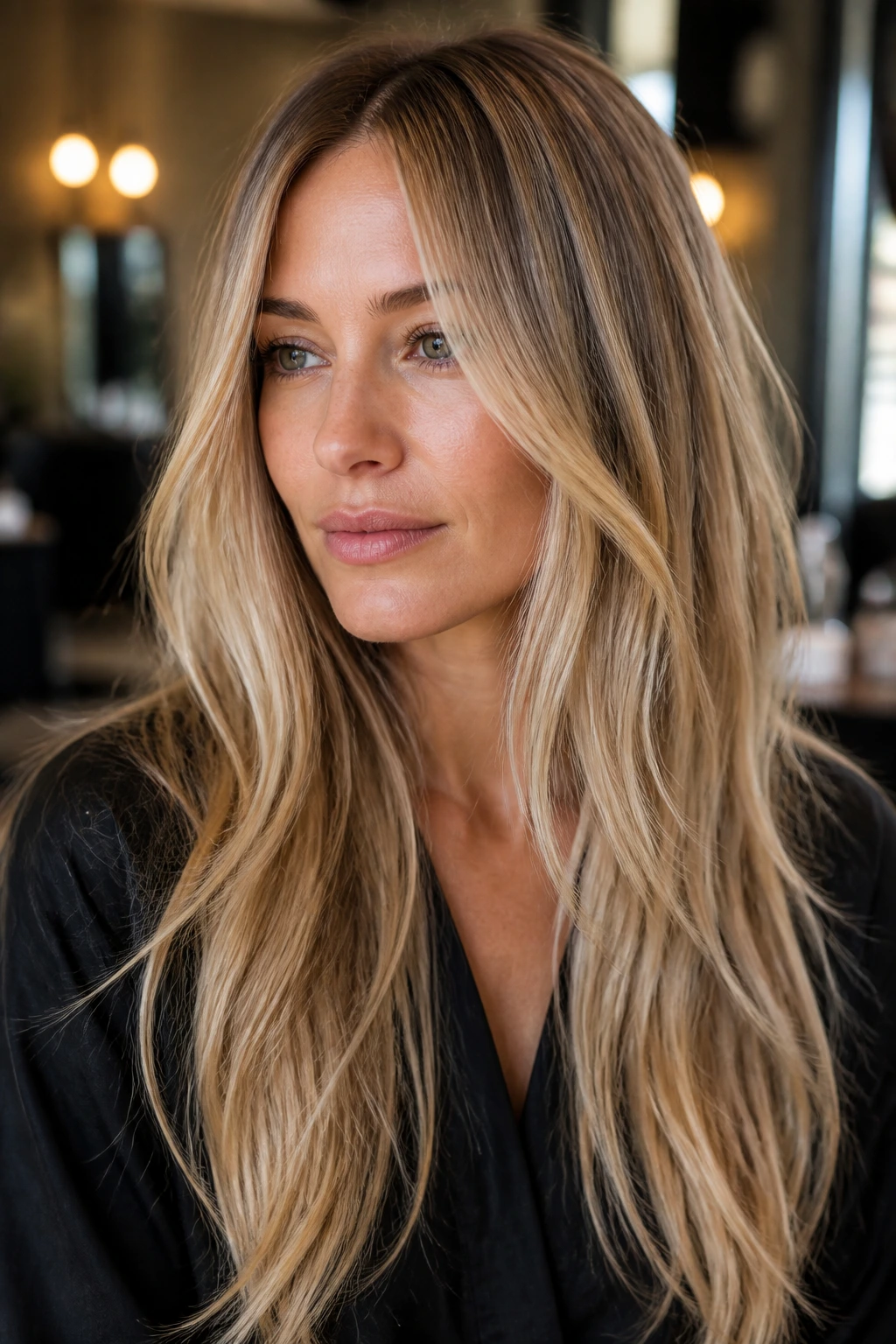 Close-up of a real woman with blonde shades showing root shadow and ribboned highlights on long thin hair in a salon