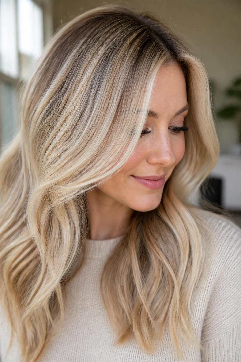 Close-up of a woman with blonde shades featuring soft root shadow and beige pearl tones