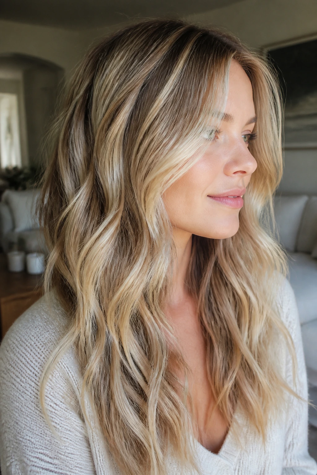 Portrait of a real woman with styled waves showing blonde highlights and lowlights