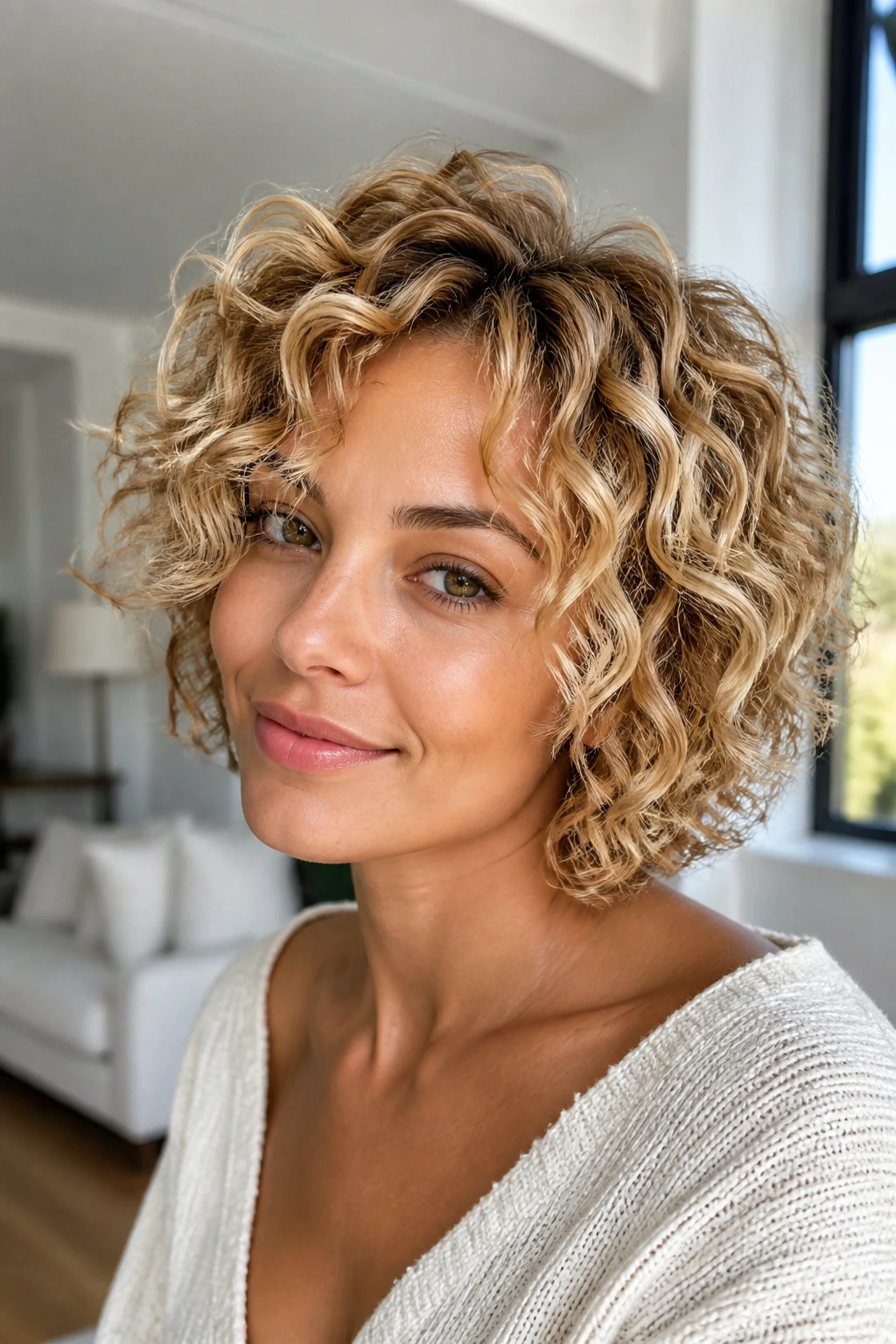 Portrait of a curly blonde with color depth and face-framing placement