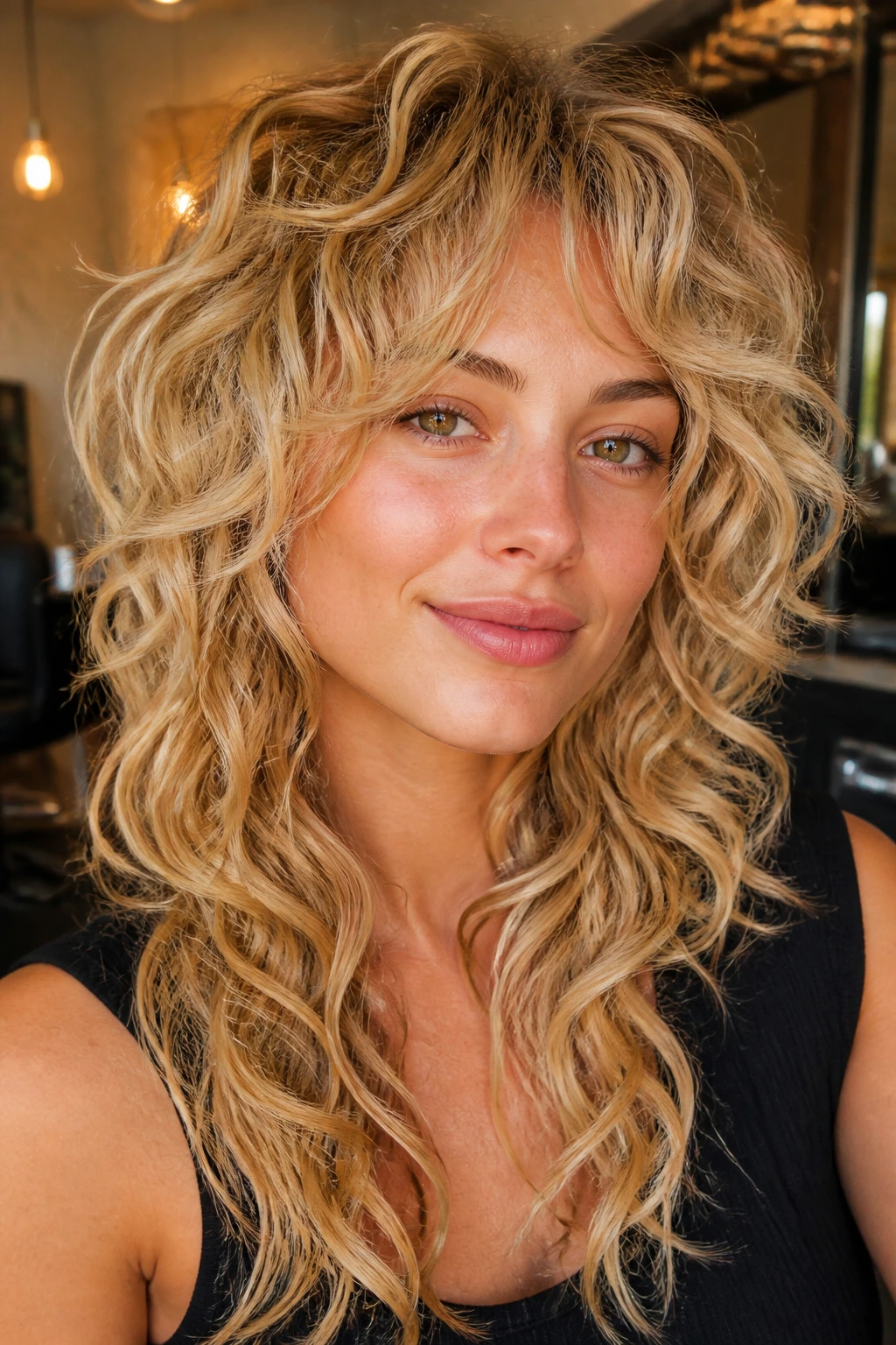 Close-up of a real woman with blonde long shag showing curl-friendly halo around the face.