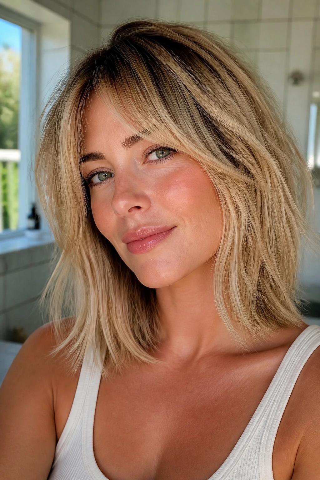Close-up of blonde woman with easy-care shag hairstyle in a bright bathroom