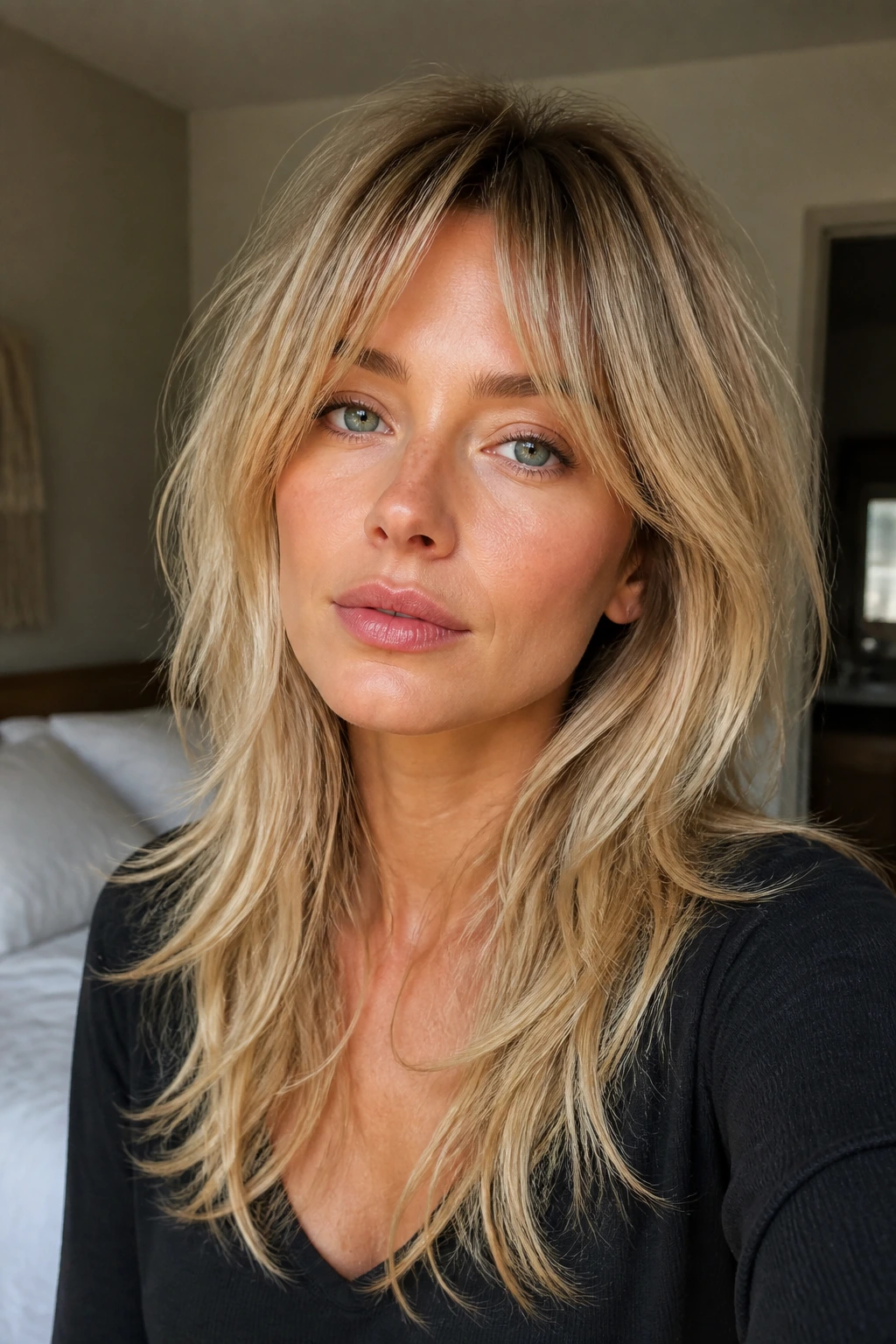 Close-up of a real woman with a low-maintenance blonde shag featuring soft ends and root shadow