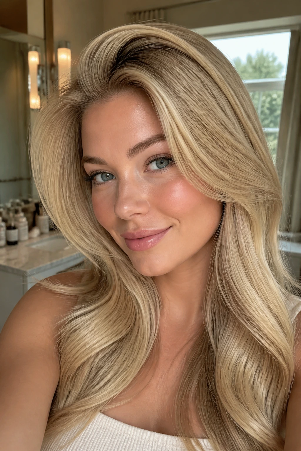 Close-up of a real woman with glossy beige-blonde hair showing crown lift and shine in natural light.