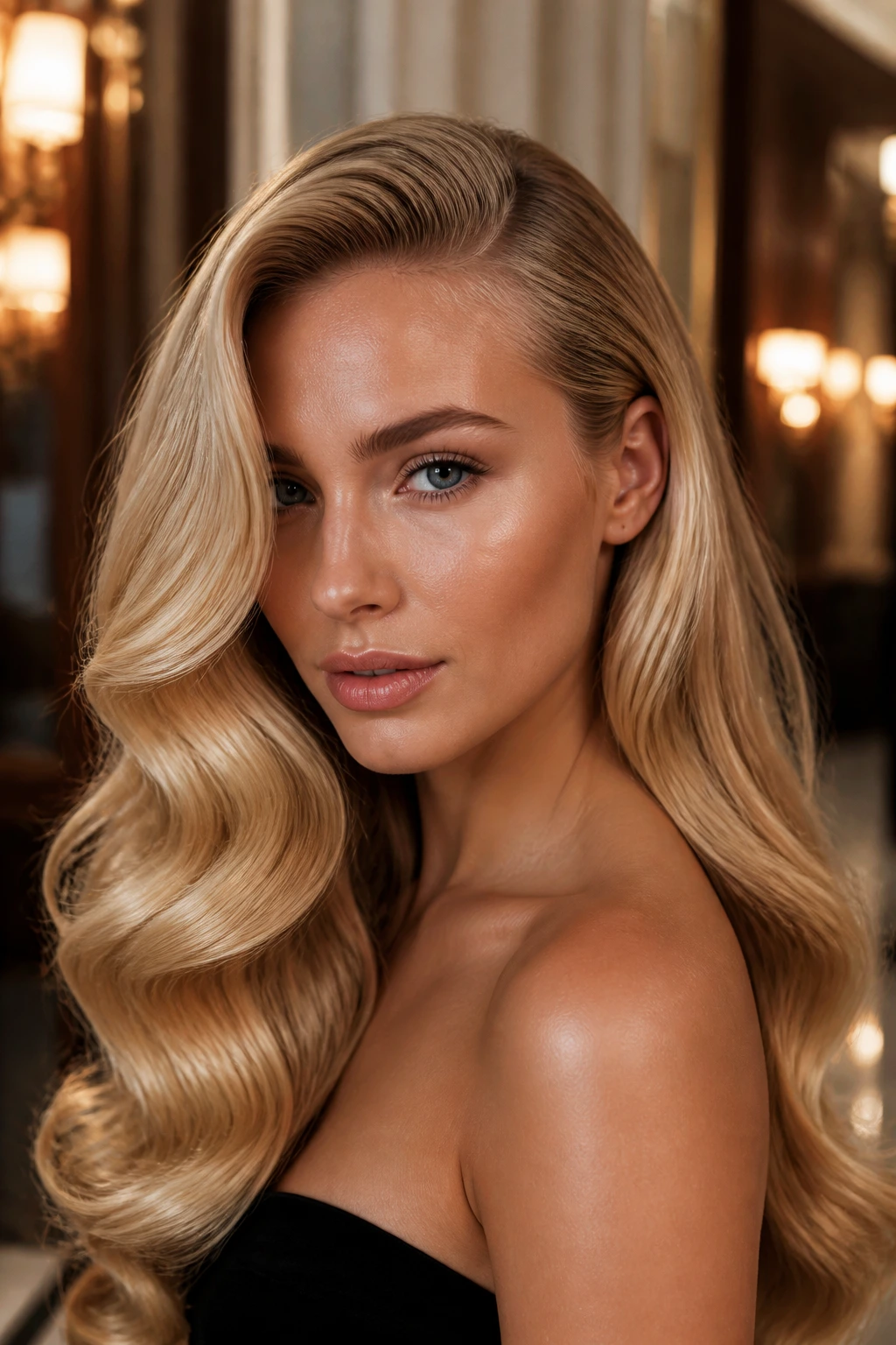 Blonde woman with side-swept Hollywood waves close-up