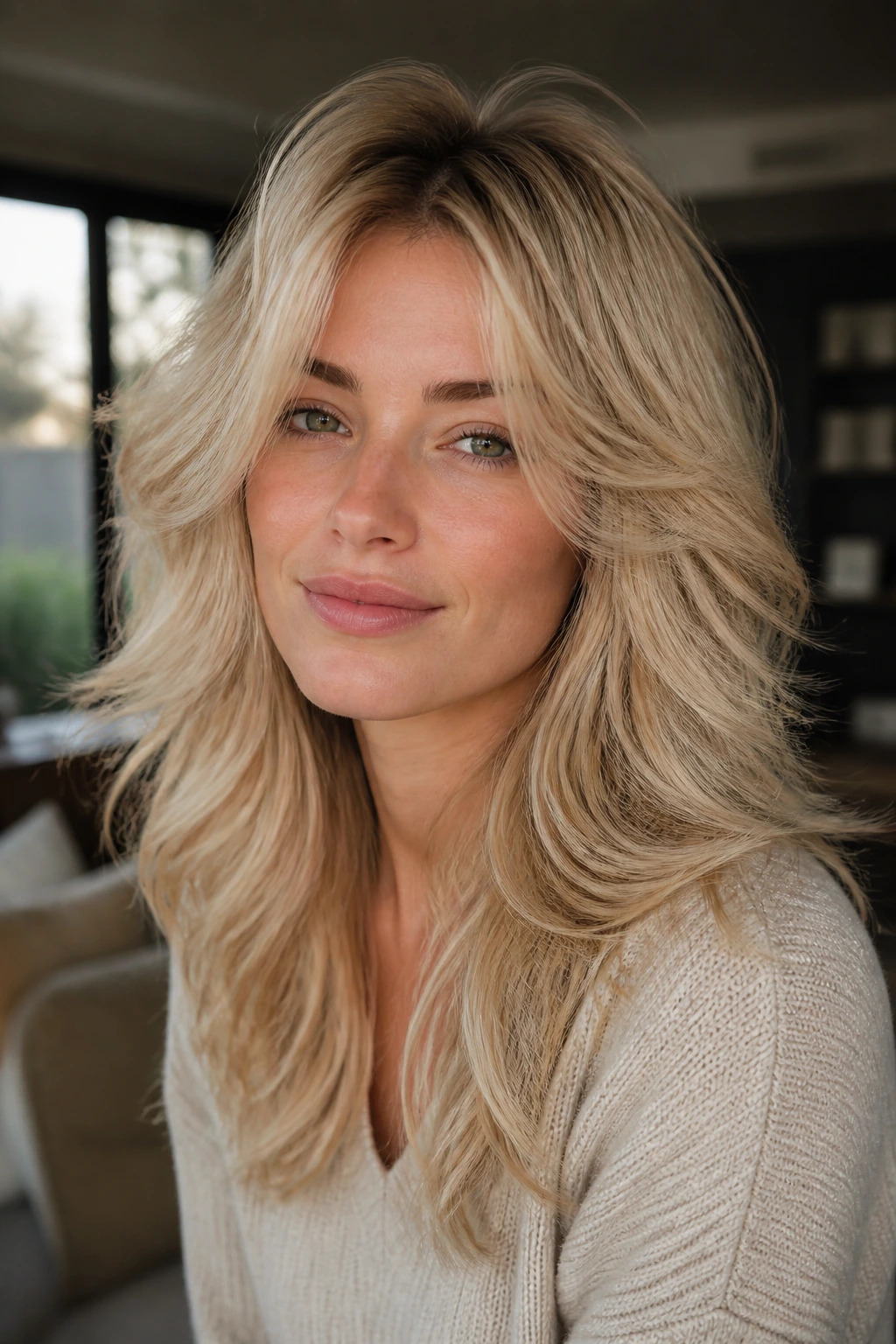Blonde woman with soft wolf cut close-up