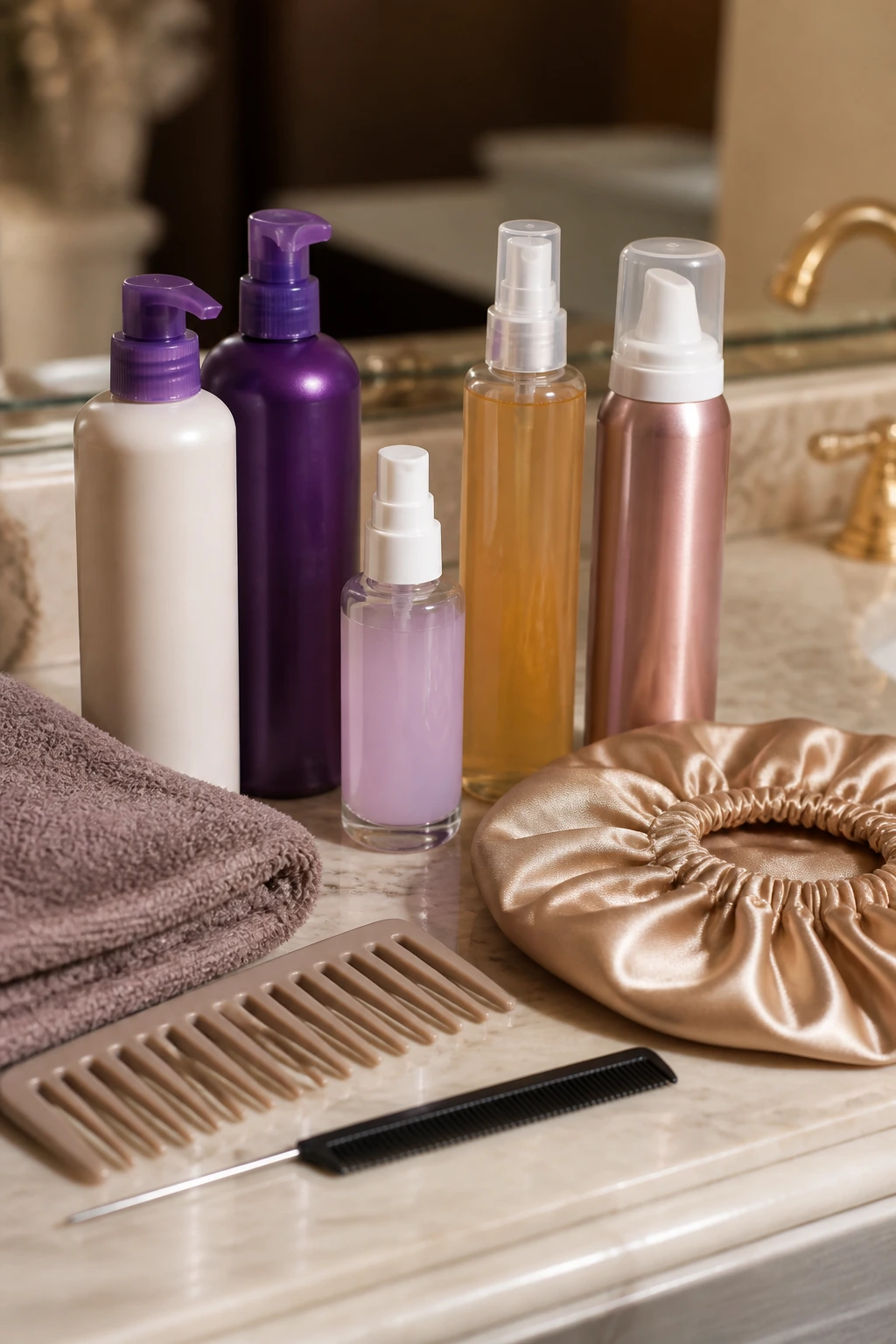Tools for blonde styling arranged on a bathroom counter