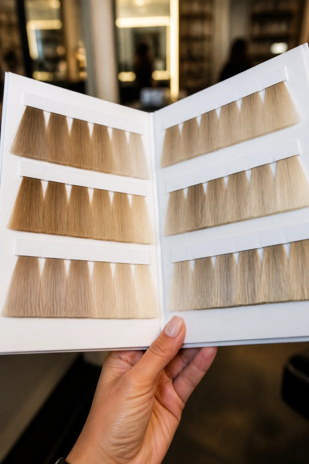 Open swatch book showing beige to champagne blonde tones held in hand