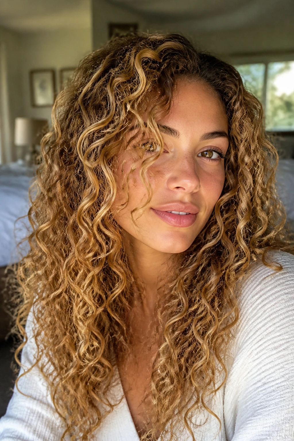 Close-up of a curly-haired woman displaying warm honey blonde babylights on curls