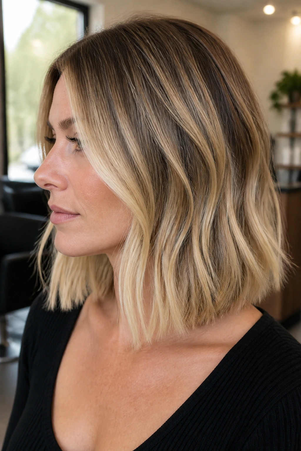 Portrait of a person with collarbone-length blunt lob and dimensional blonde color.