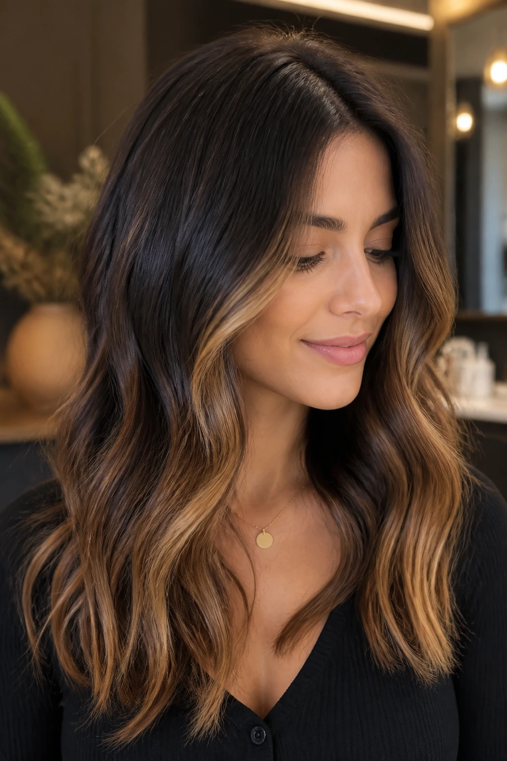 Close-up of a real woman with dark base and caramel honey tones around face