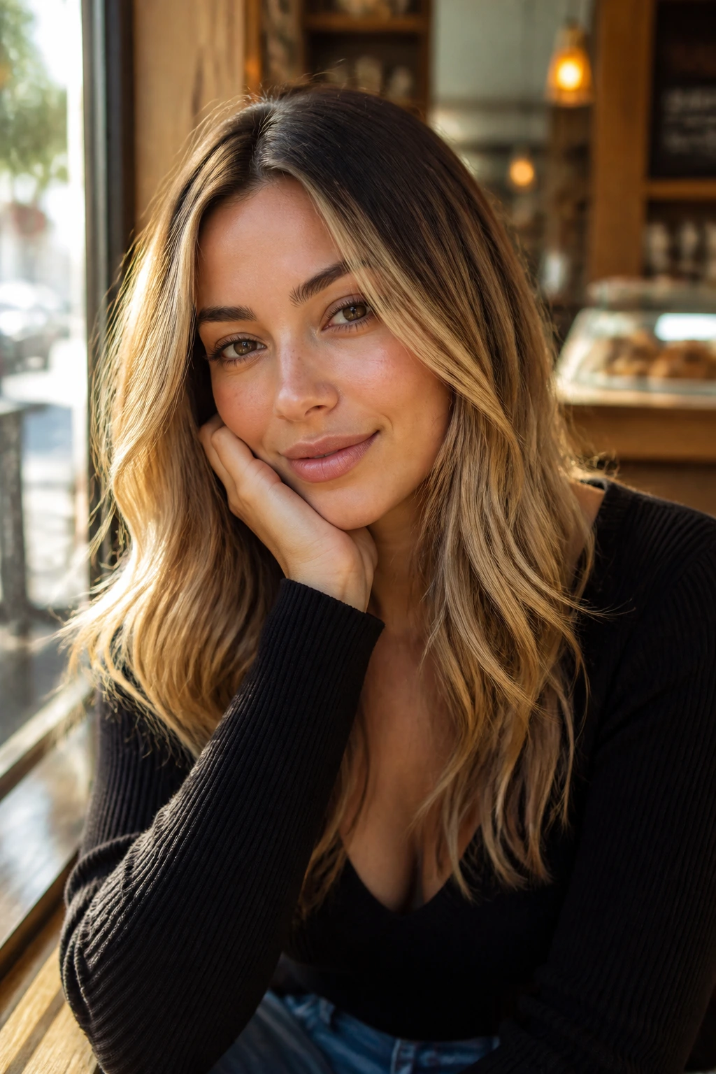 Close-up of blonde tone on olive skin with beige-gold caramel hues.