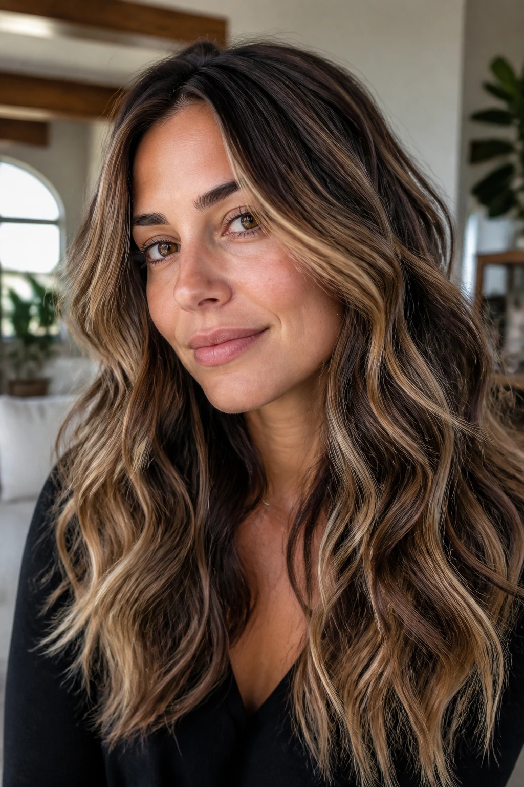 Close-up of dark wavy hair with multi-tone blonde ribbons
