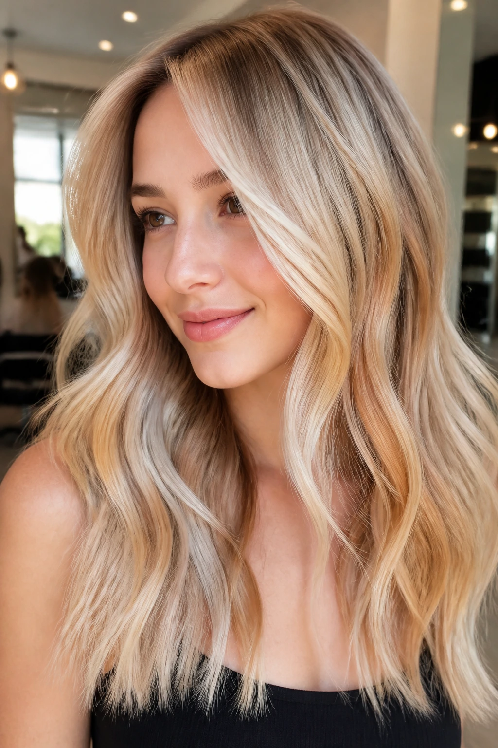 Portrait highlighting beige champagne honey and pearl blonde tones.