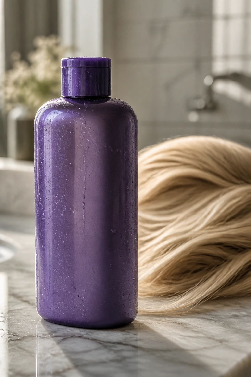 Purple shampoo bottle on bathroom counter representing essential tools for blonde maintenance.