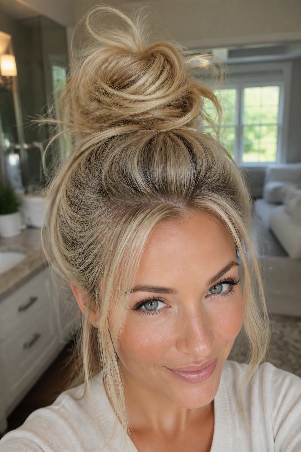 Blonde woman with a crown-height messy top knot showing texture