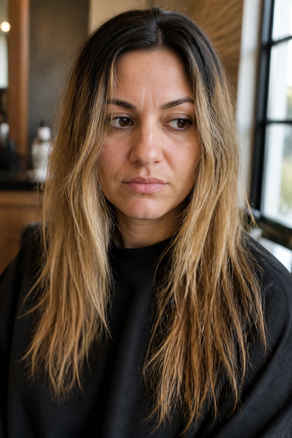 Close-up portrait of a real woman showing brassy, uneven blonde on dark hair in a salon setting