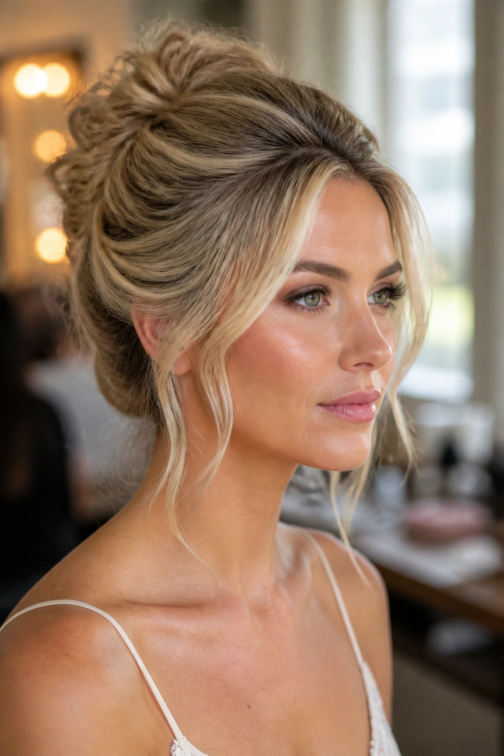 Close-up of a real woman with a blonde updo and money piece highlights framing her face