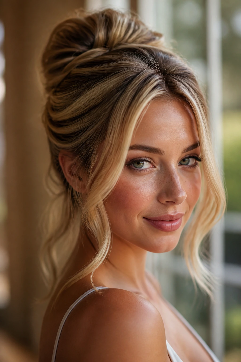 Close up of a blonde updo with money pieces framing the face