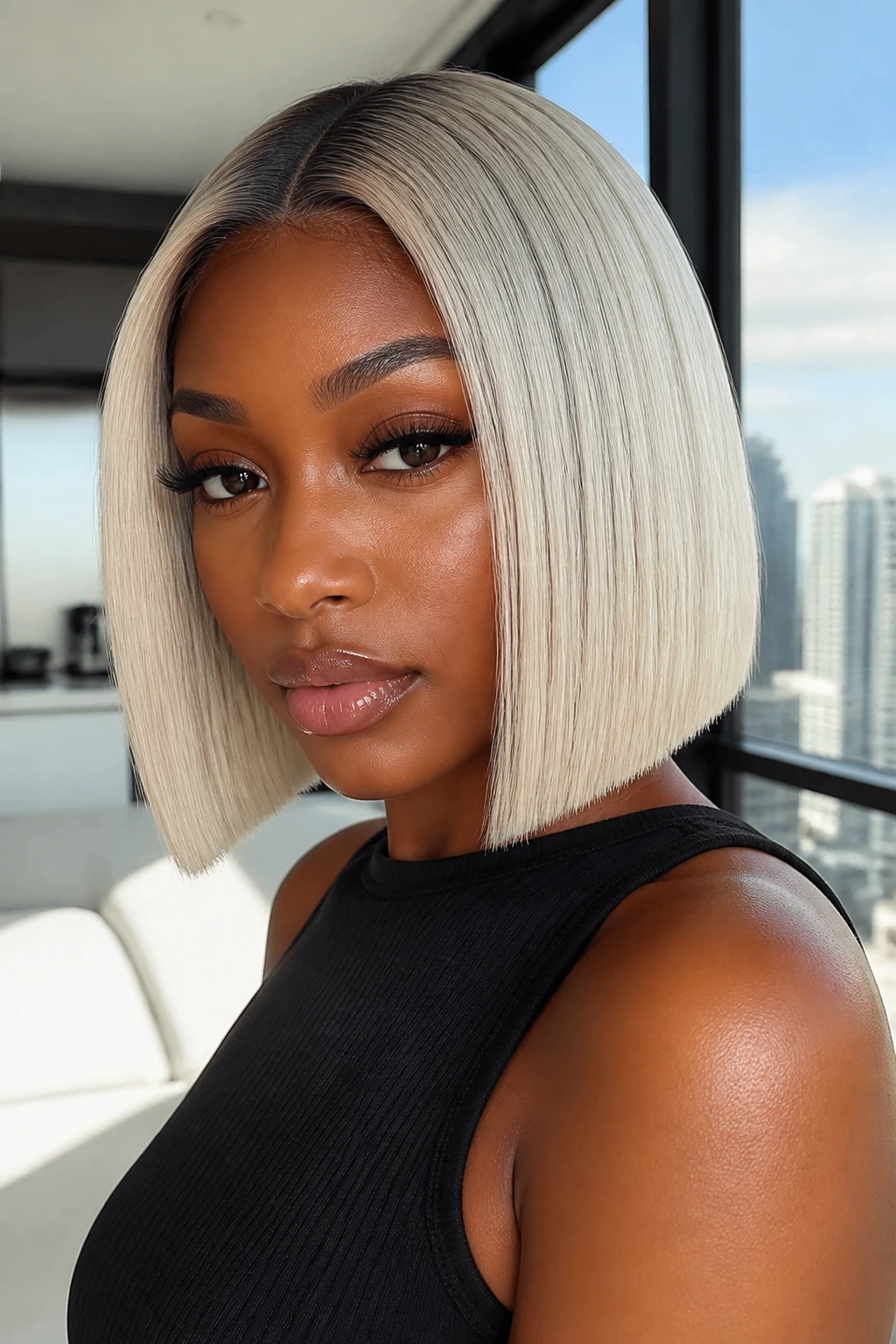 Close-up of deep-skinned woman with cool-edge platinum and shadow root