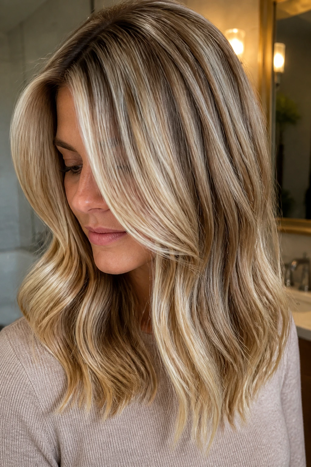 Close-up of a real woman's hair showing variations in blonde tones and depth