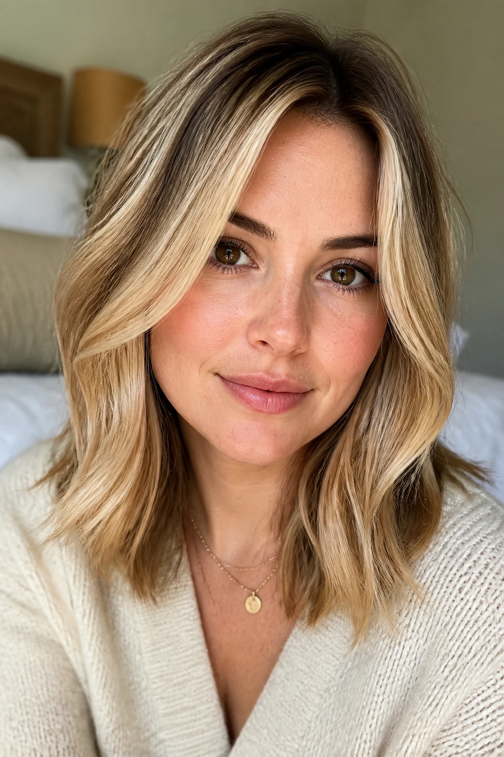 Close-up of a real woman with multi-tone blonde hair showcasing variations for fair skin and brown eyes