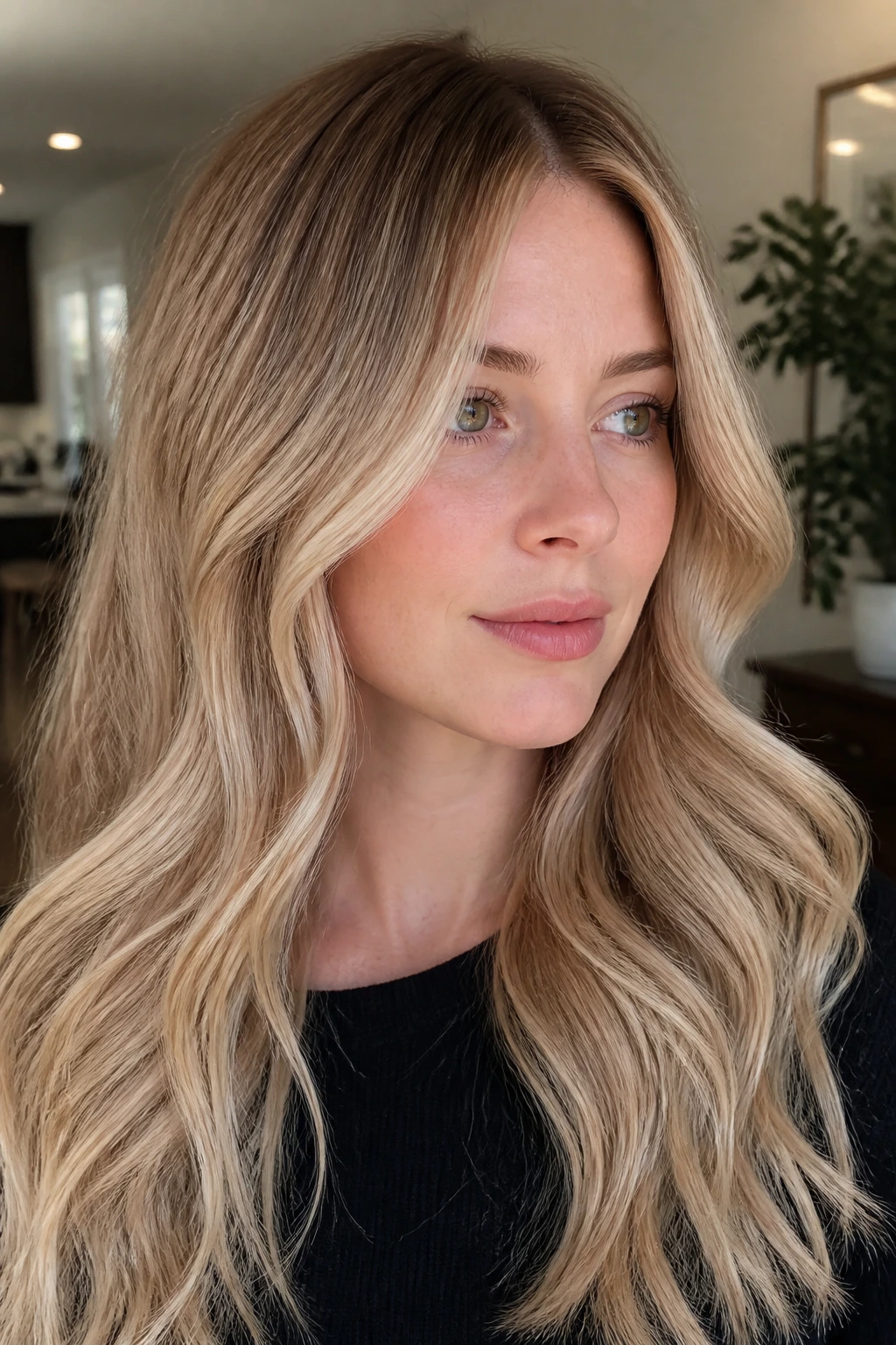 Portrait of a woman with warm blonde variations including root melt and rosy beige shift