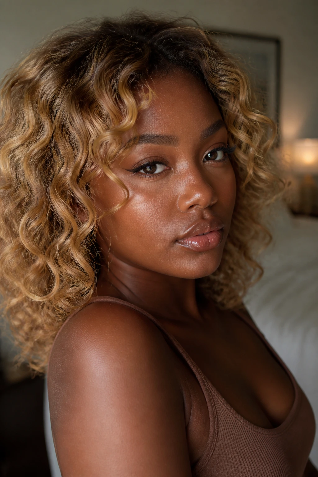 Close-up portrait of a deep-skinned person with warm honey blonde hair framing the face.