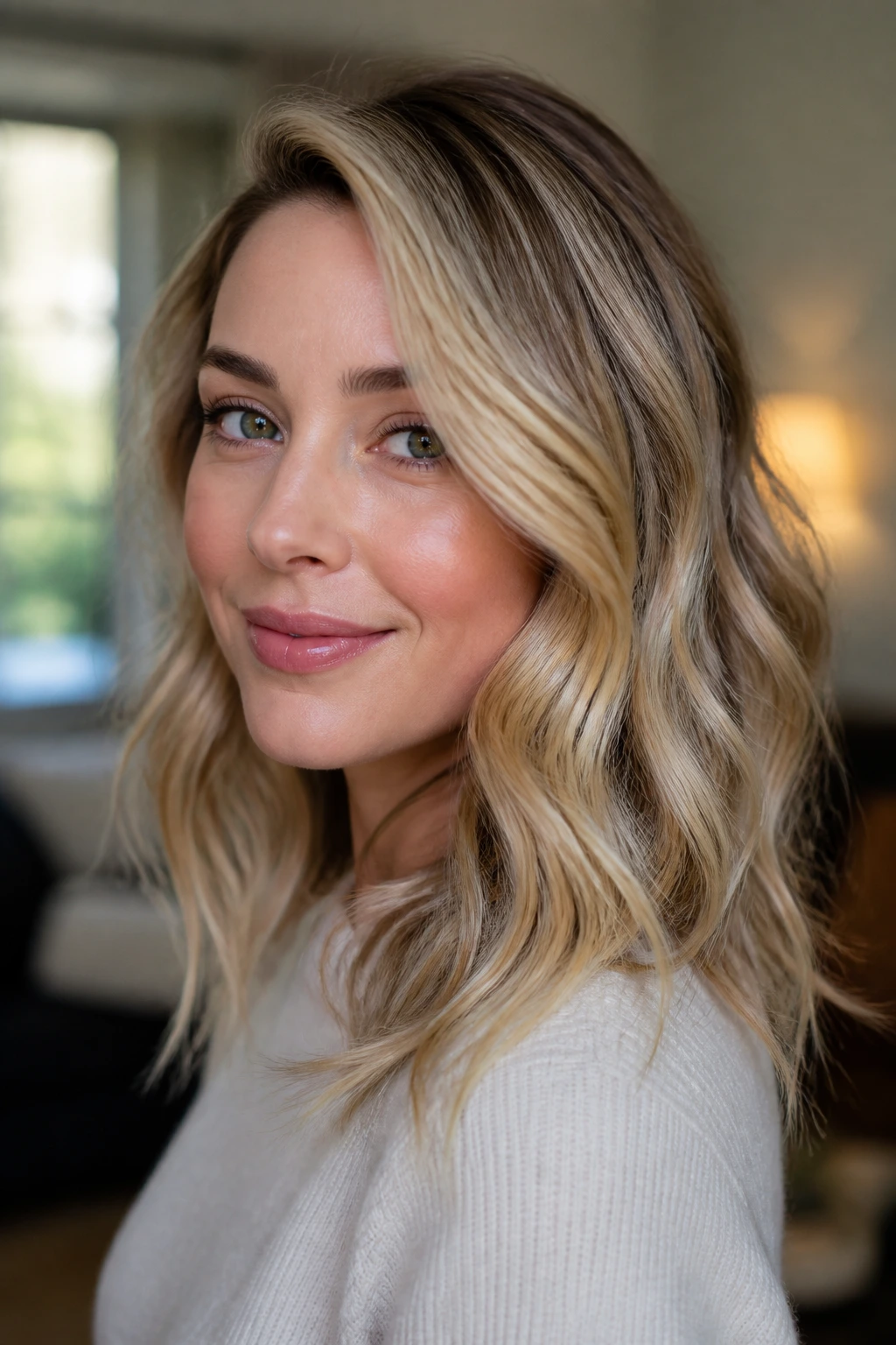 Portrait of a woman with blonde waves showing color variation: honey glow and beige sweep