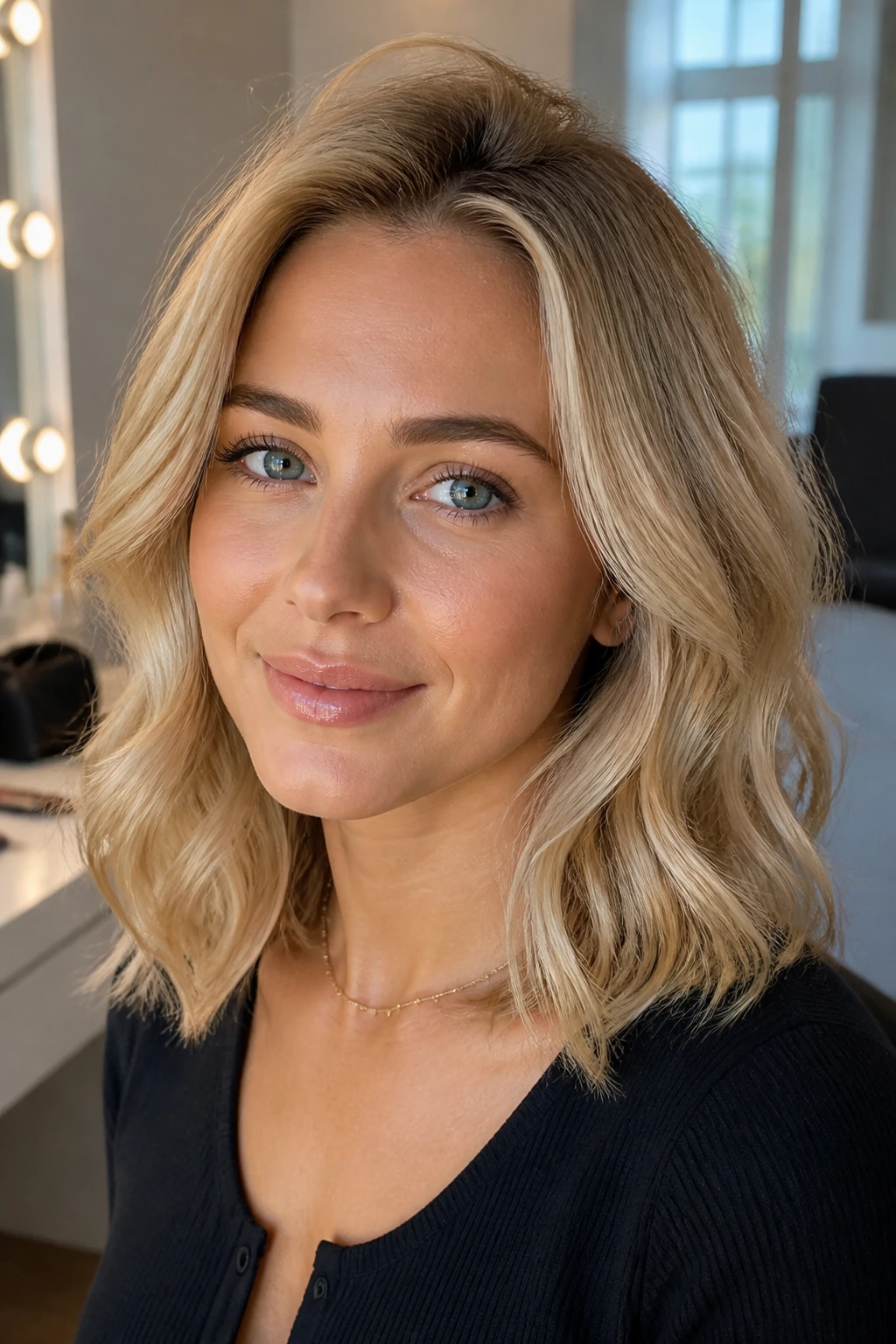 Close-up portrait of a real woman with fine blonde hair showing crown lift and mid-length texture in natural light