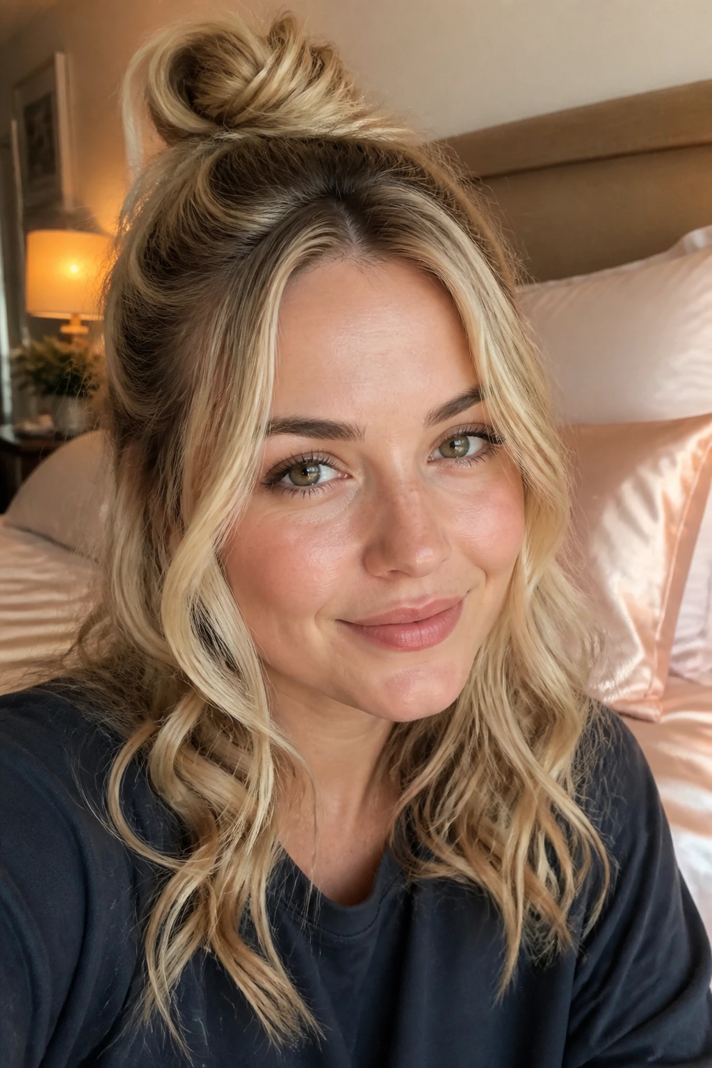 Portrait of a woman with loose topknot and blonde waves in a cozy bedroom