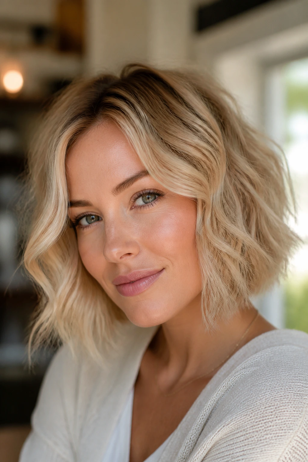 Portrait of a real woman with a blonde wavy bob styled to be soft and touchable