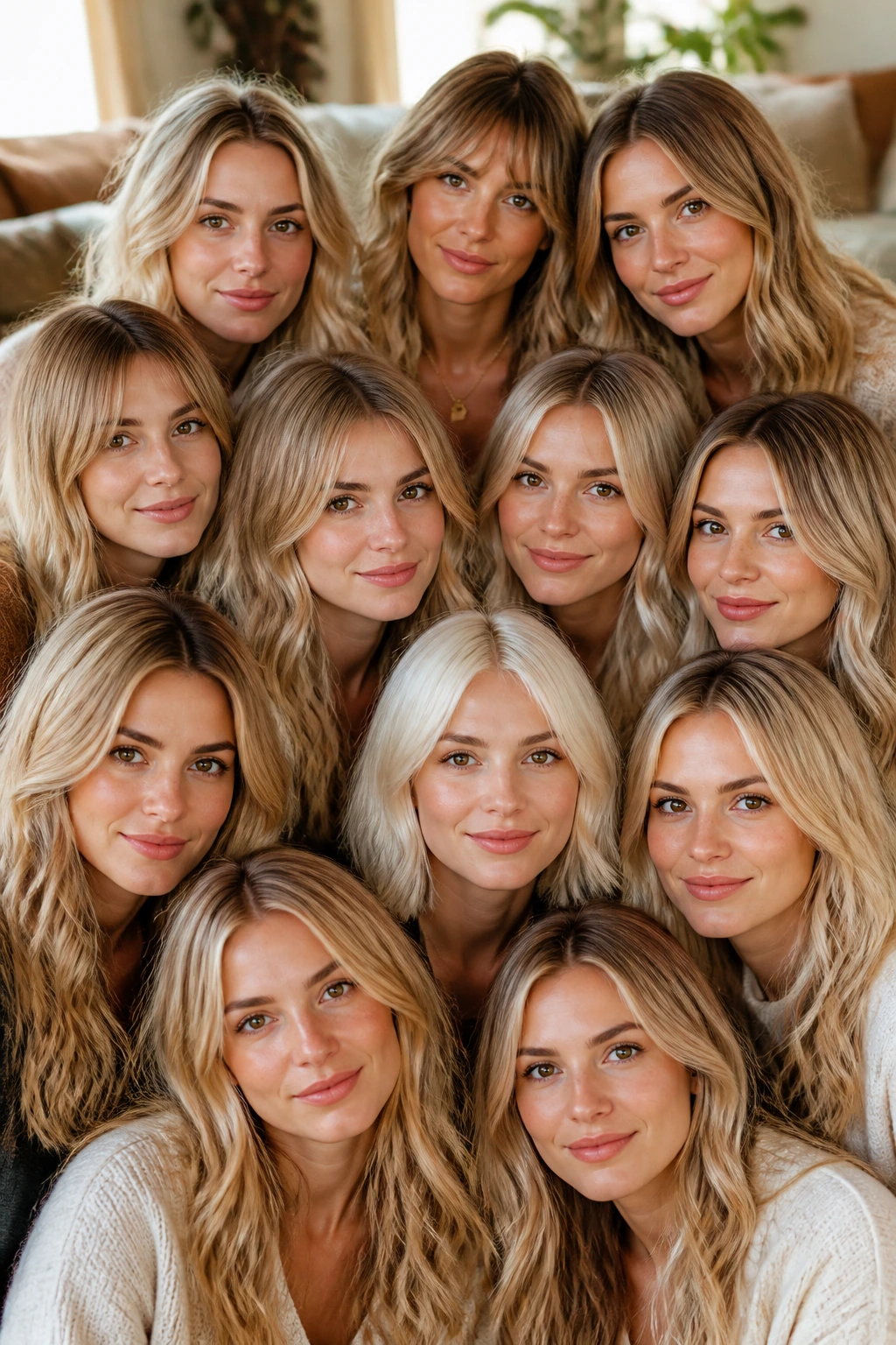 Close-up group portrait of twelve blondes with varied shades in a cozy room.