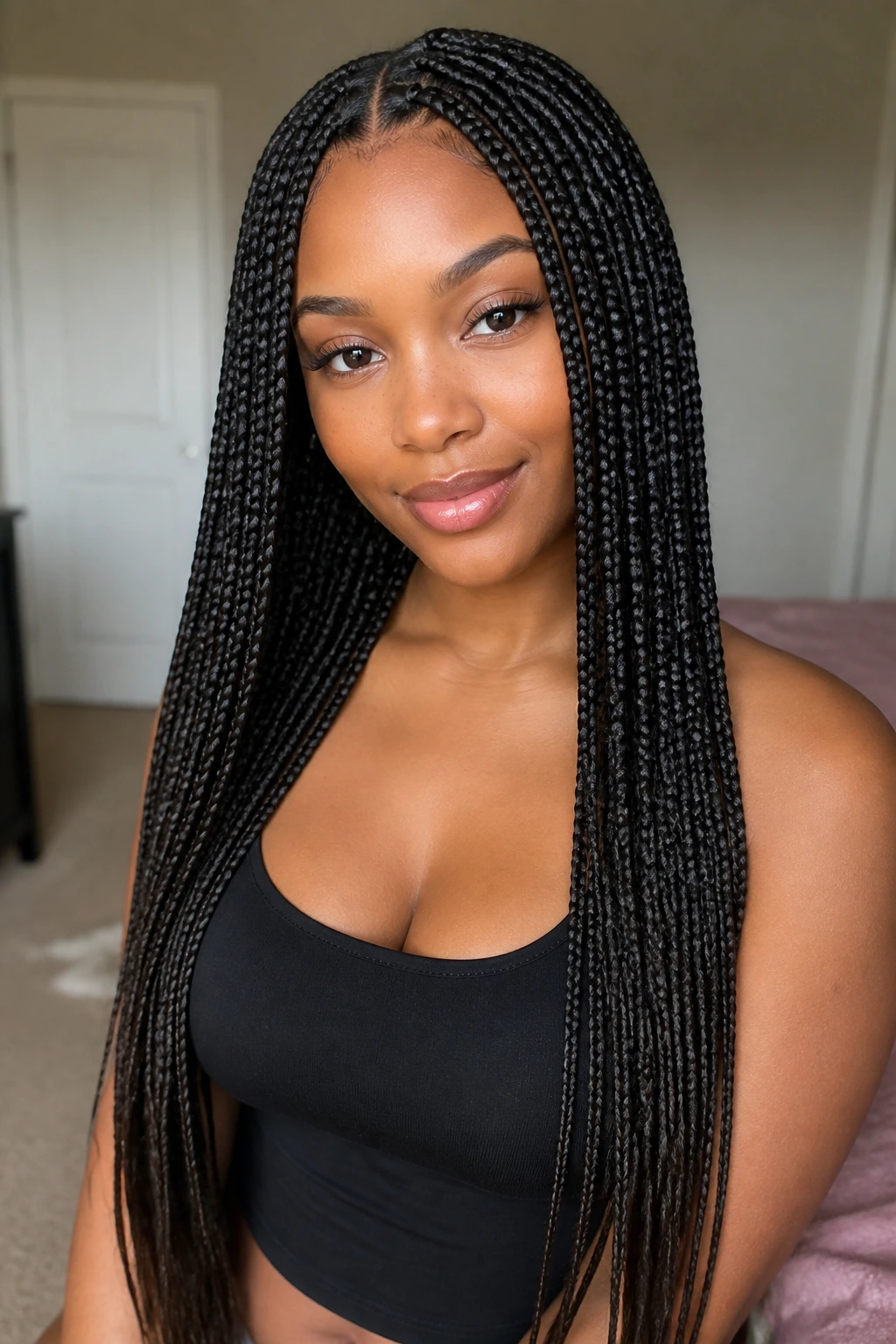 Close-up of a real woman with long blow-dried single braids cascading from the scalp