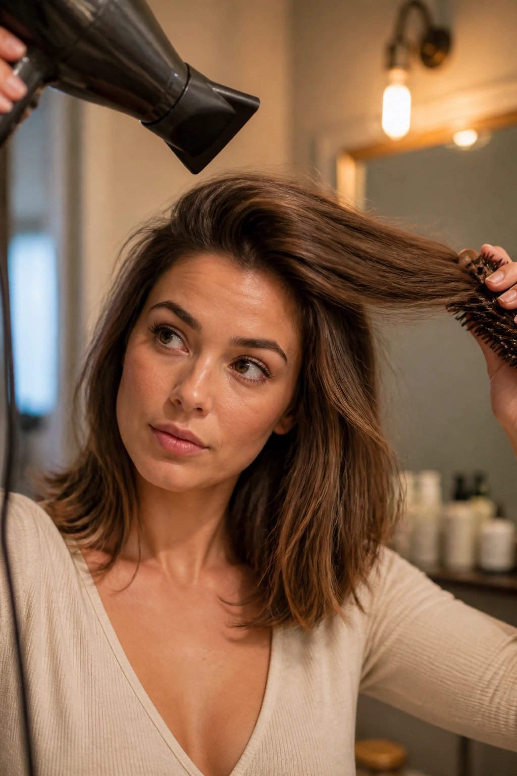 Close-up portrait of a real person with hair directed away from the face while drying