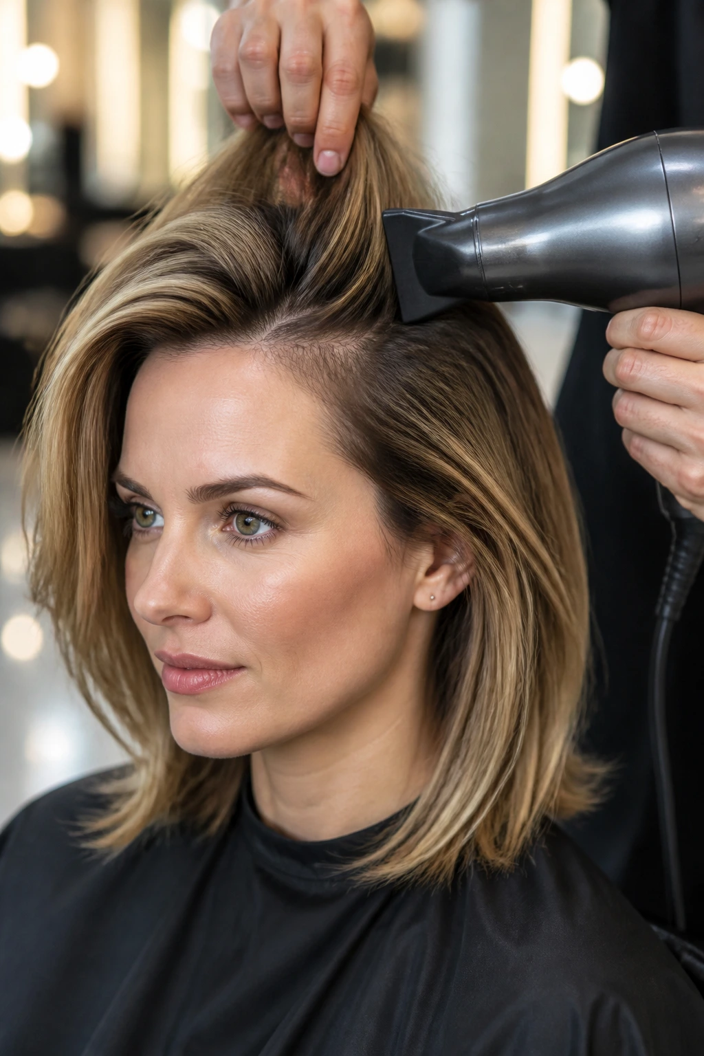 Close-up of a real woman during styling with a blow-dryer for a side-swept look