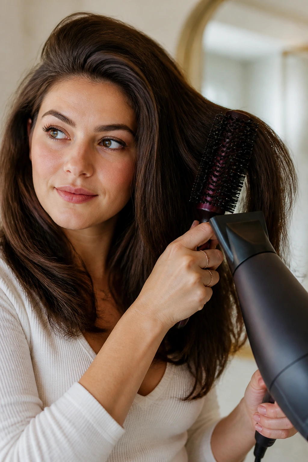 Portrait of a real woman during directional blow-dry to control thick hair at the sides