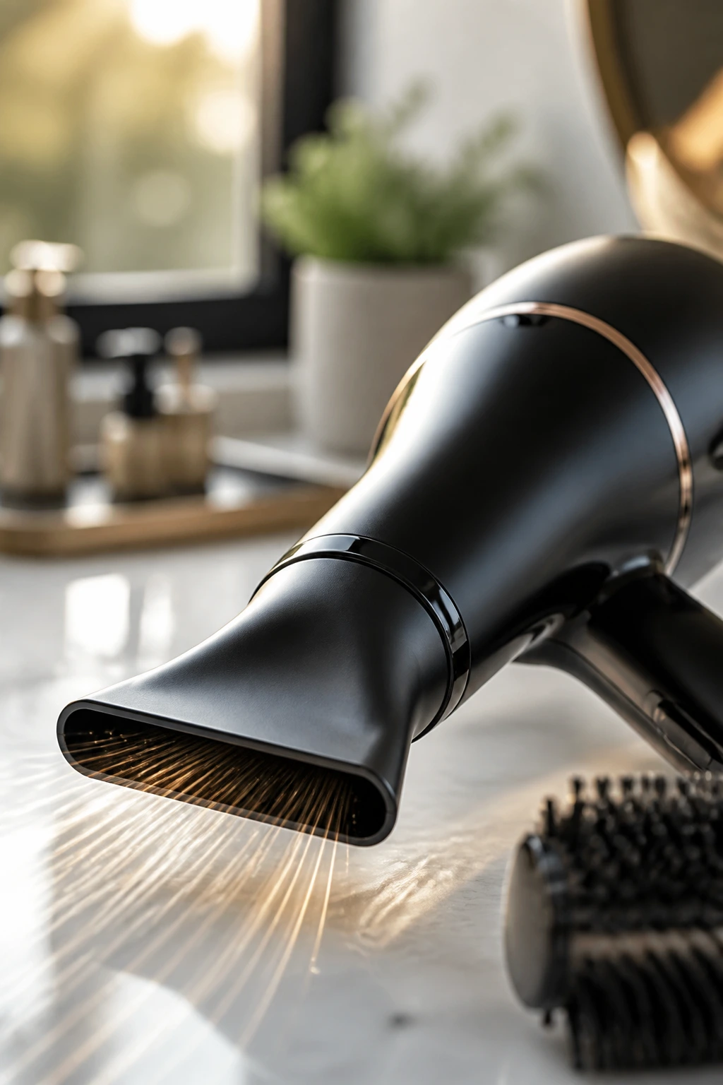 Close-up of a blow dryer with concentrator nozzle on a clean bathroom counter.