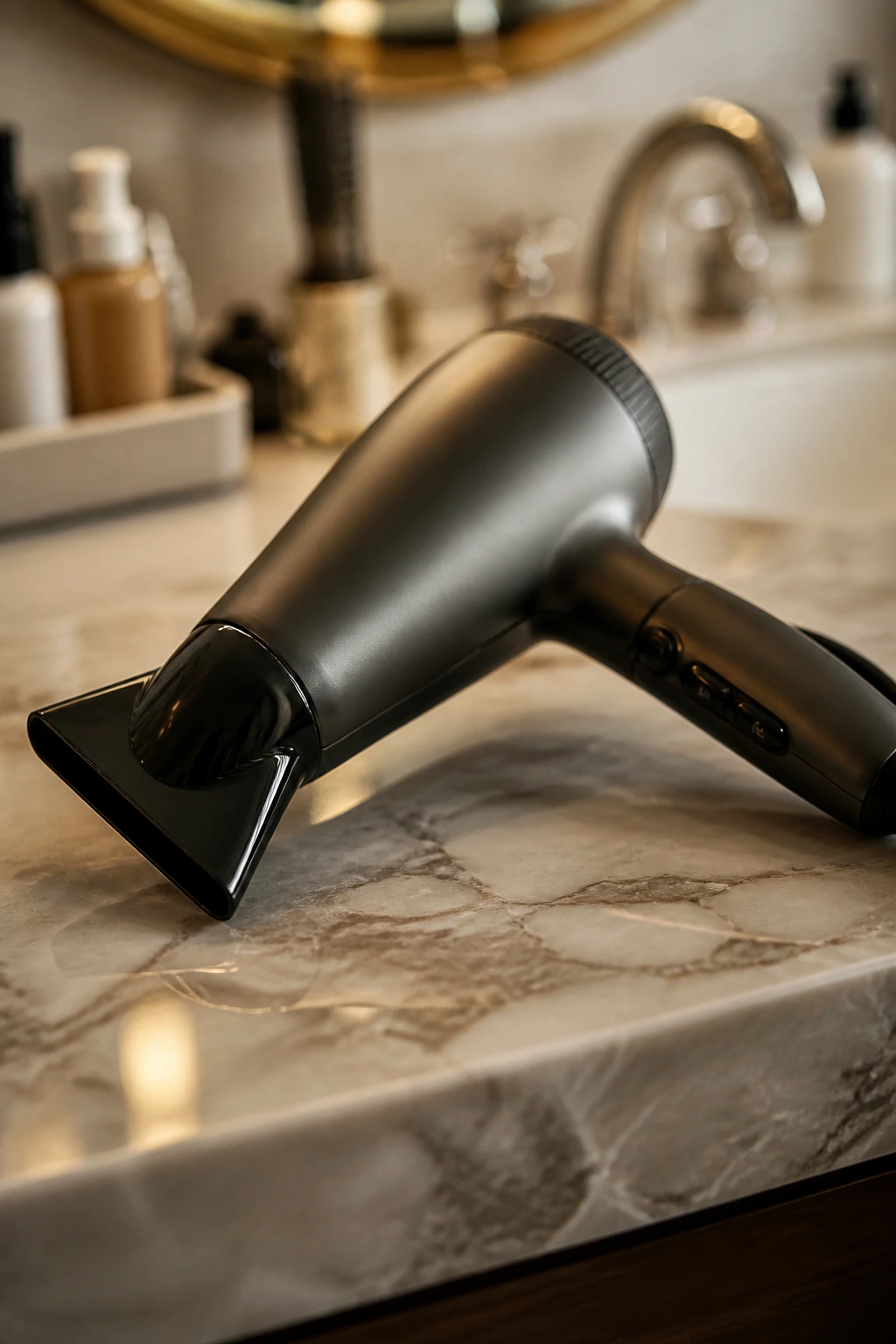 Close-up of a blow dryer with concentrator nozzle in a bathroom setting.