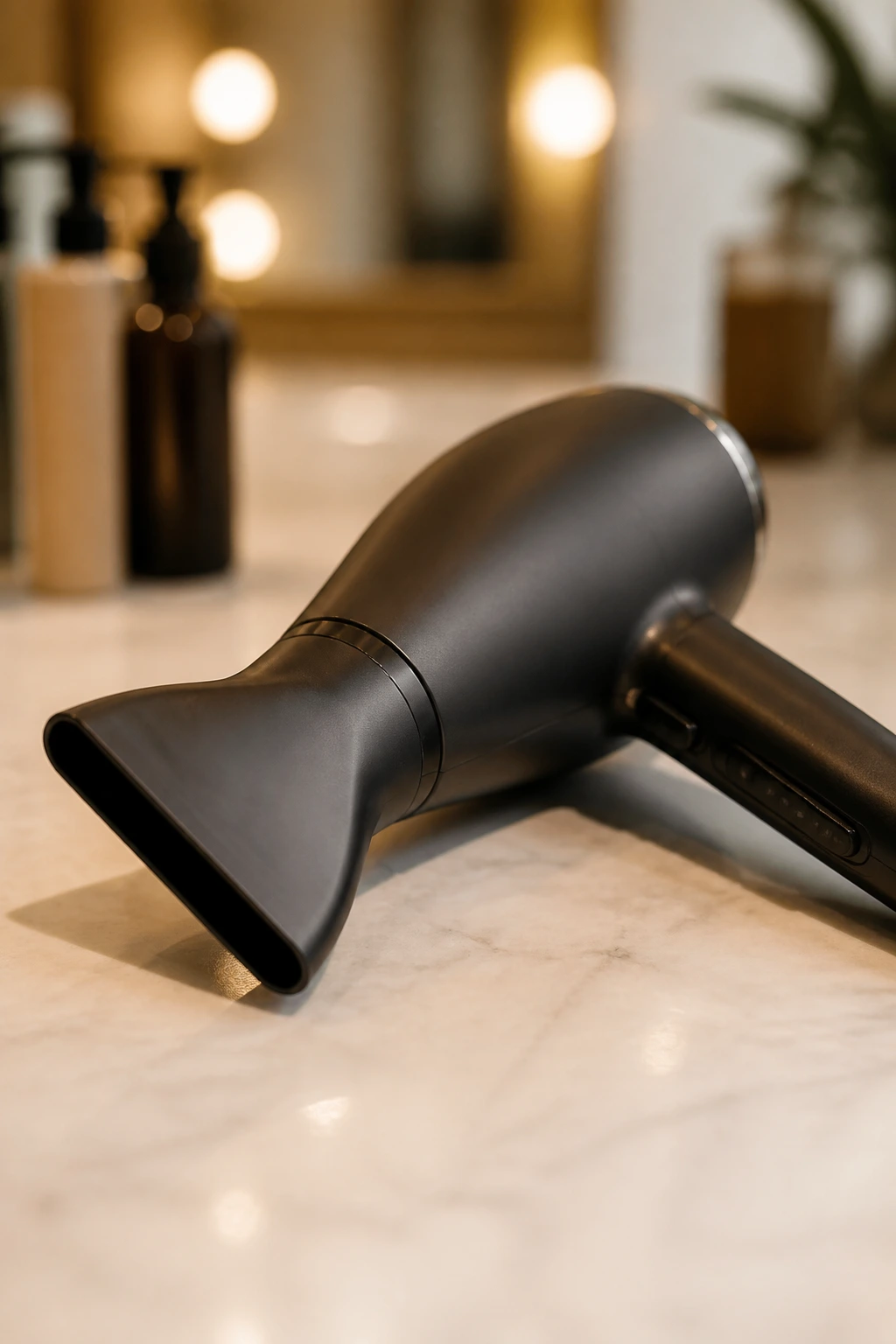 Close-up of a blow dryer with concentrator nozzle on a salon counter