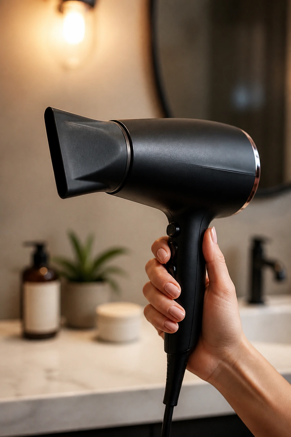 Close-up of a blow dryer with concentrator nozzle in a bathroom.